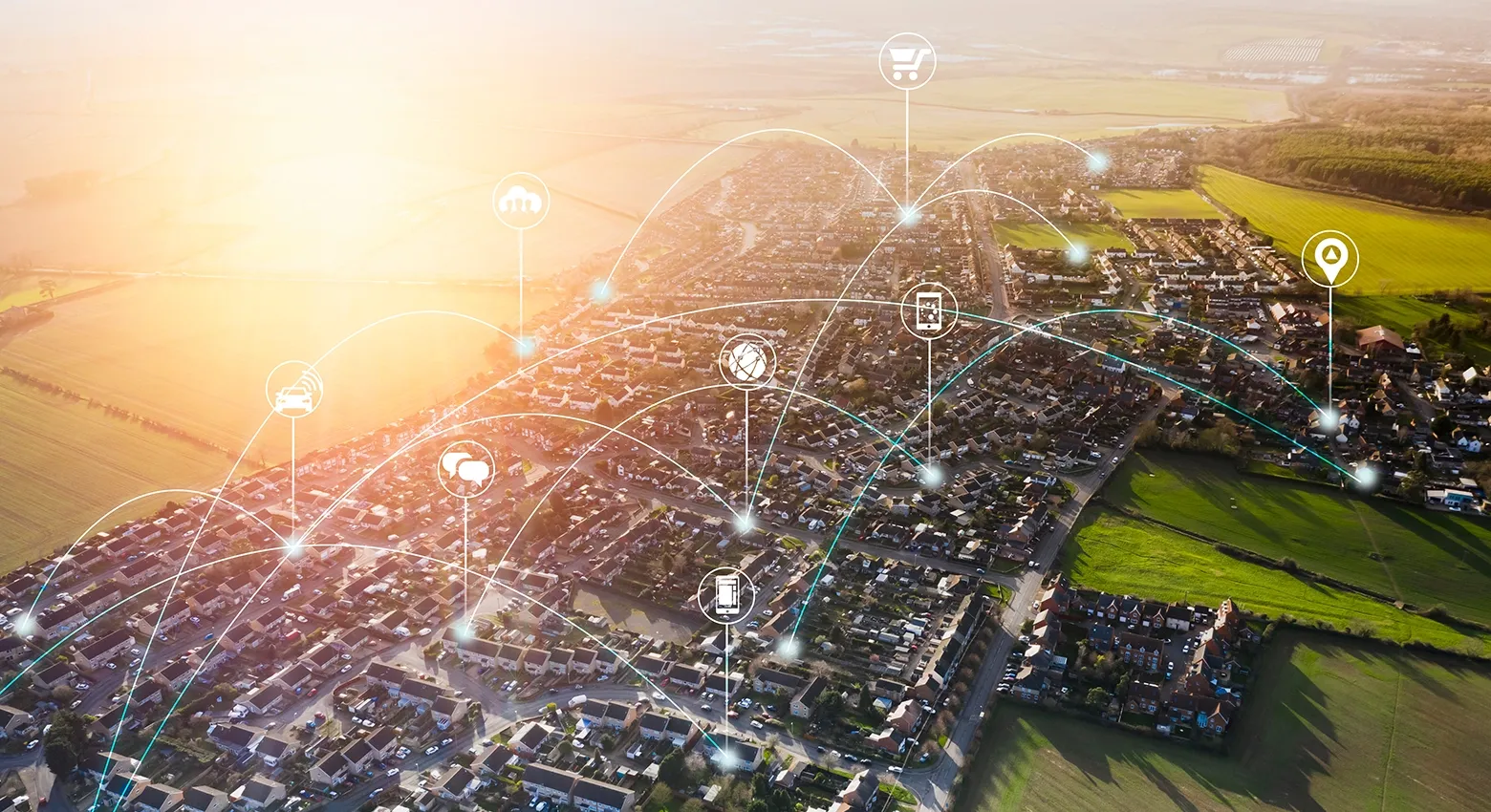 Landscape view with graphic of mobile infrastructure lines